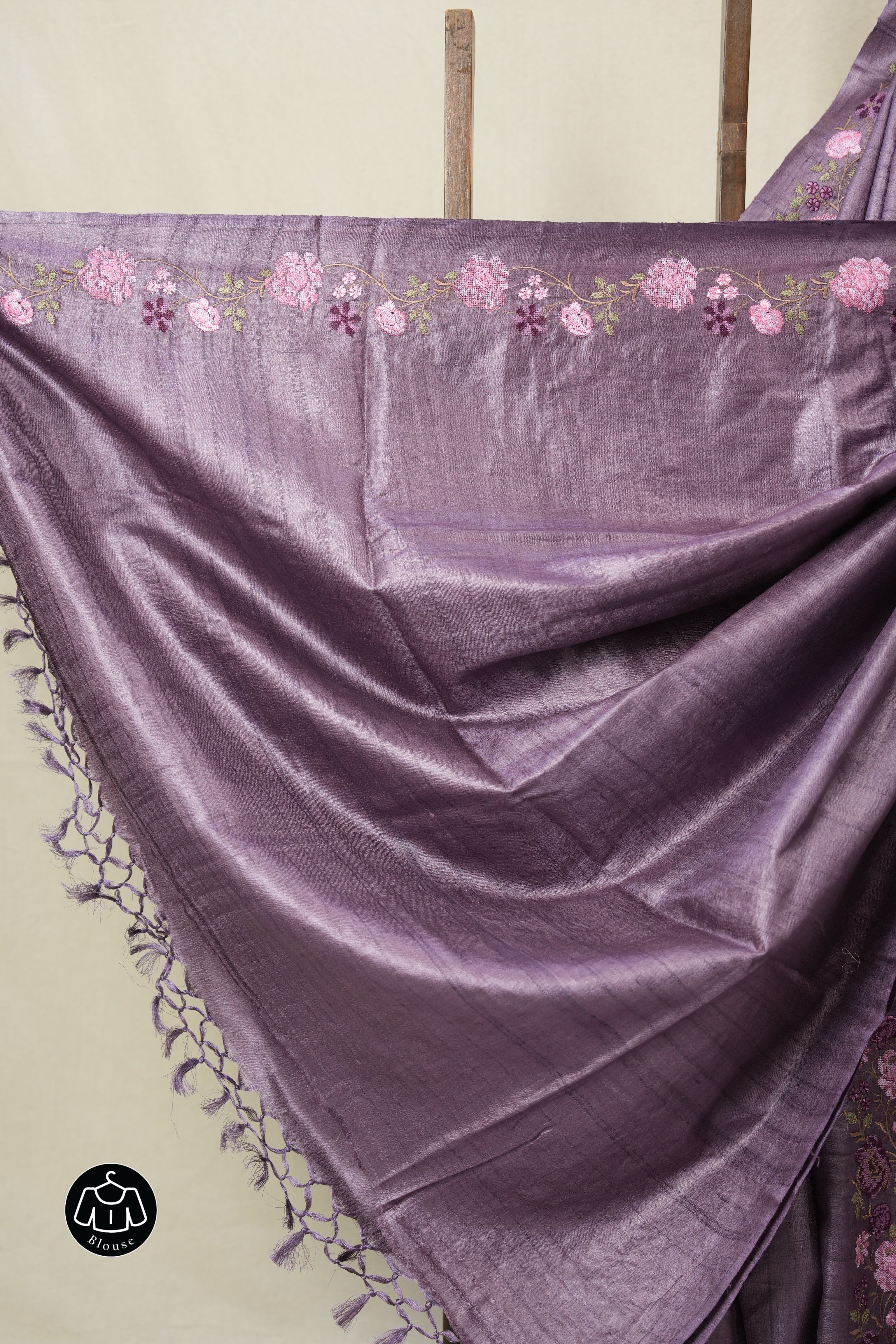Dusty Lavender Machine Embroidered Tussar Silk Saree - SRDLMETSS1550