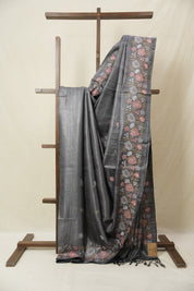 Charcoal Grey Machine Embroidered Tussar Silk Saree - SRCGMETSS101-PI