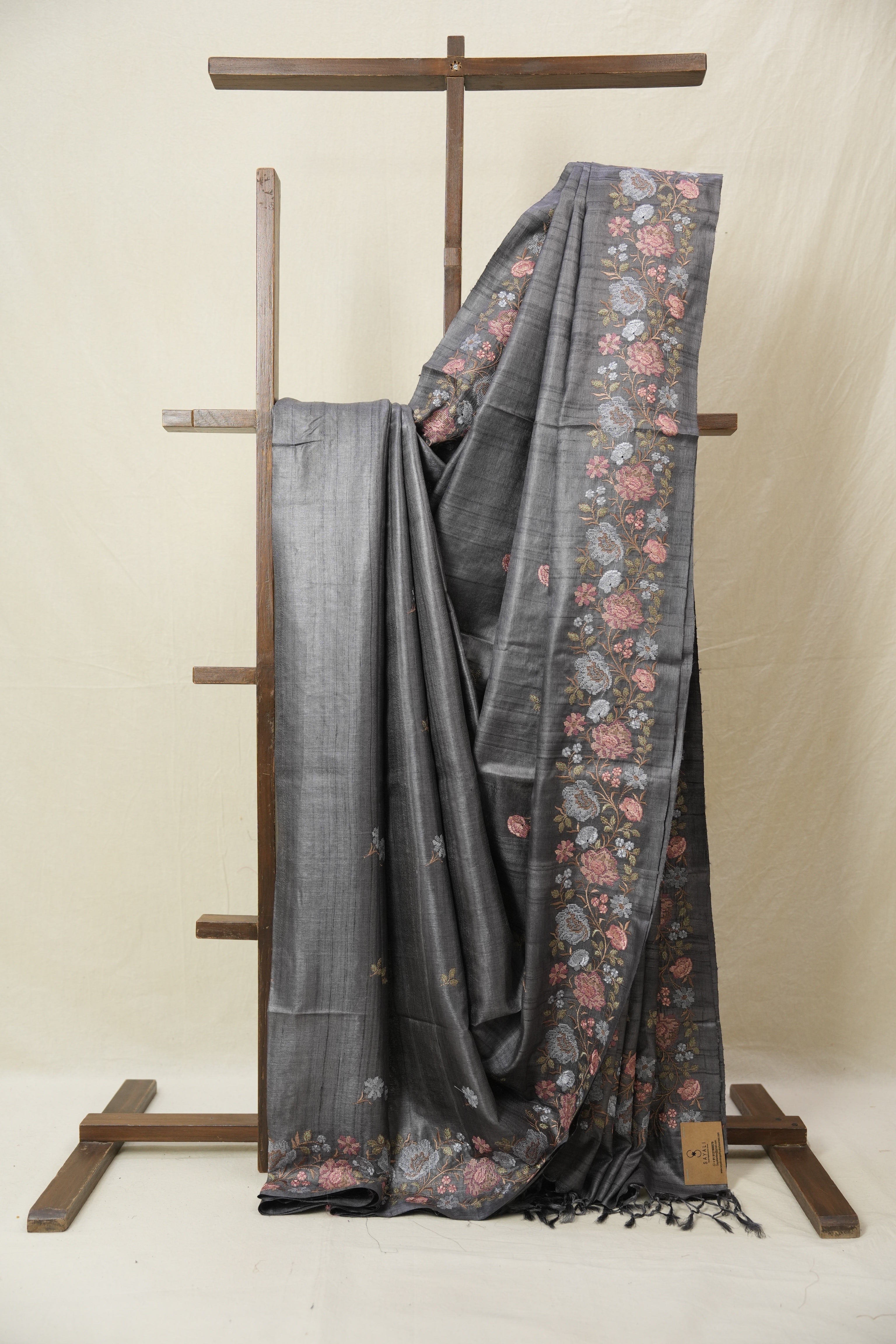 Charcoal Grey Machine Embroidered Tussar Silk Saree - SRCGMETSS101-PI