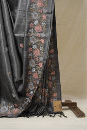 Charcoal Grey Machine Embroidered Tussar Silk Saree - SRCGMETSS101-PI