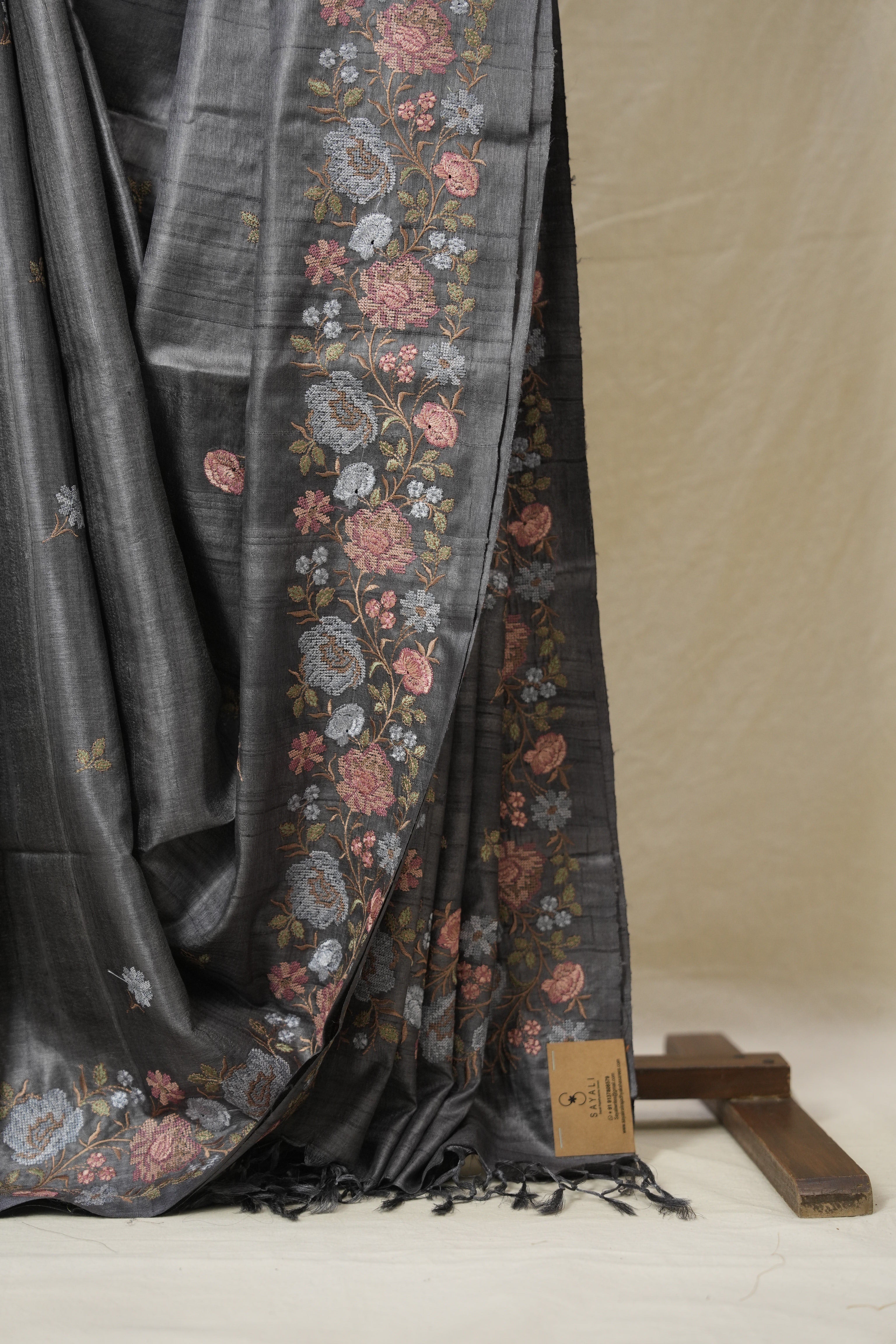 Charcoal Grey Machine Embroidered Tussar Silk Saree - SRCGMETSS101-PI