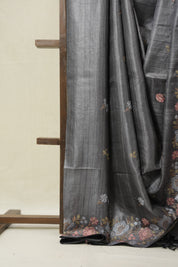 Charcoal Grey Machine Embroidered Tussar Silk Saree - SRCGMETSS101-PI