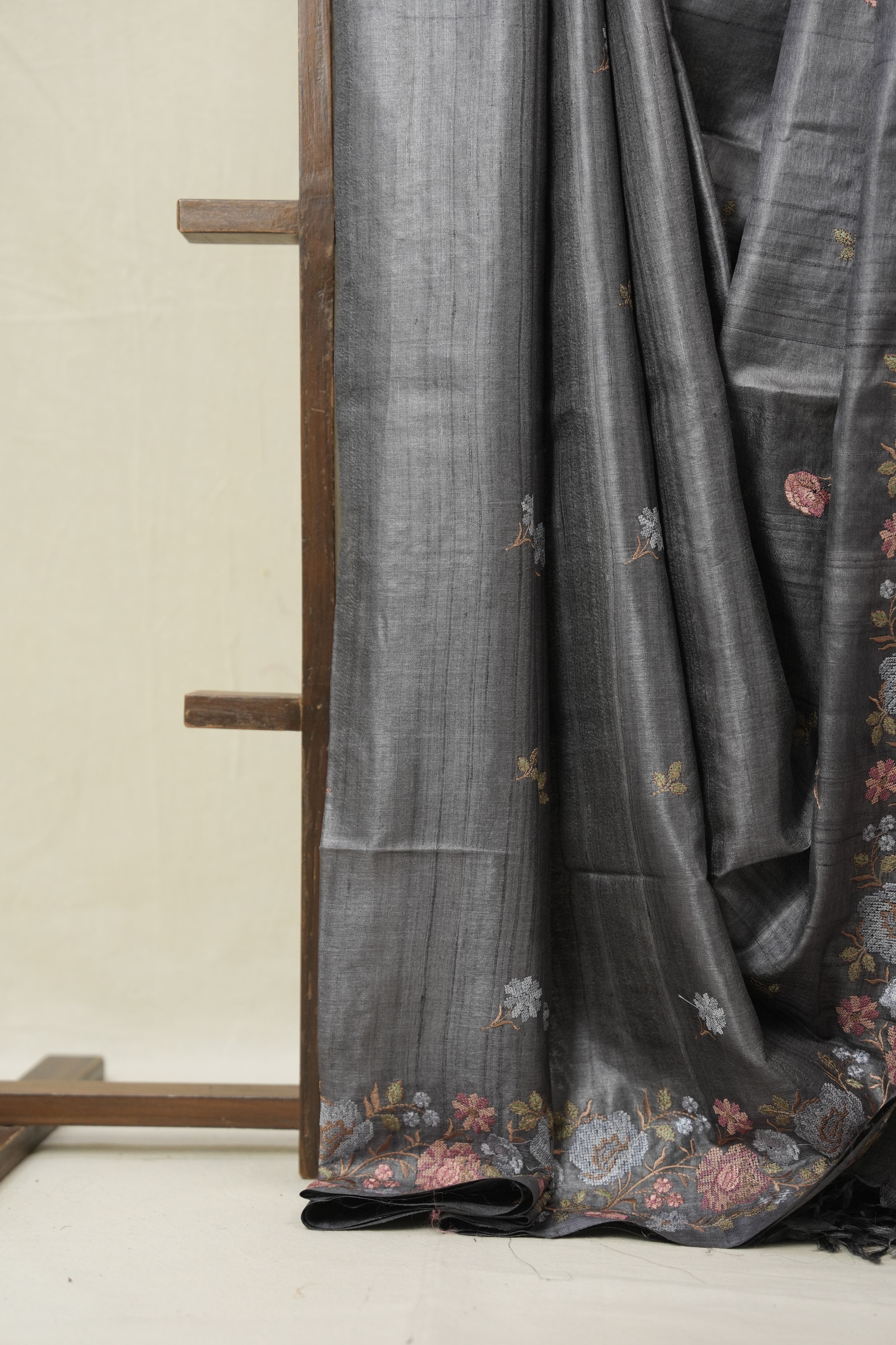Charcoal Grey Machine Embroidered Tussar Silk Saree - SRCGMETSS101-PI