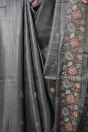 Charcoal Grey Machine Embroidered Tussar Silk Saree - SRCGMETSS101-PI