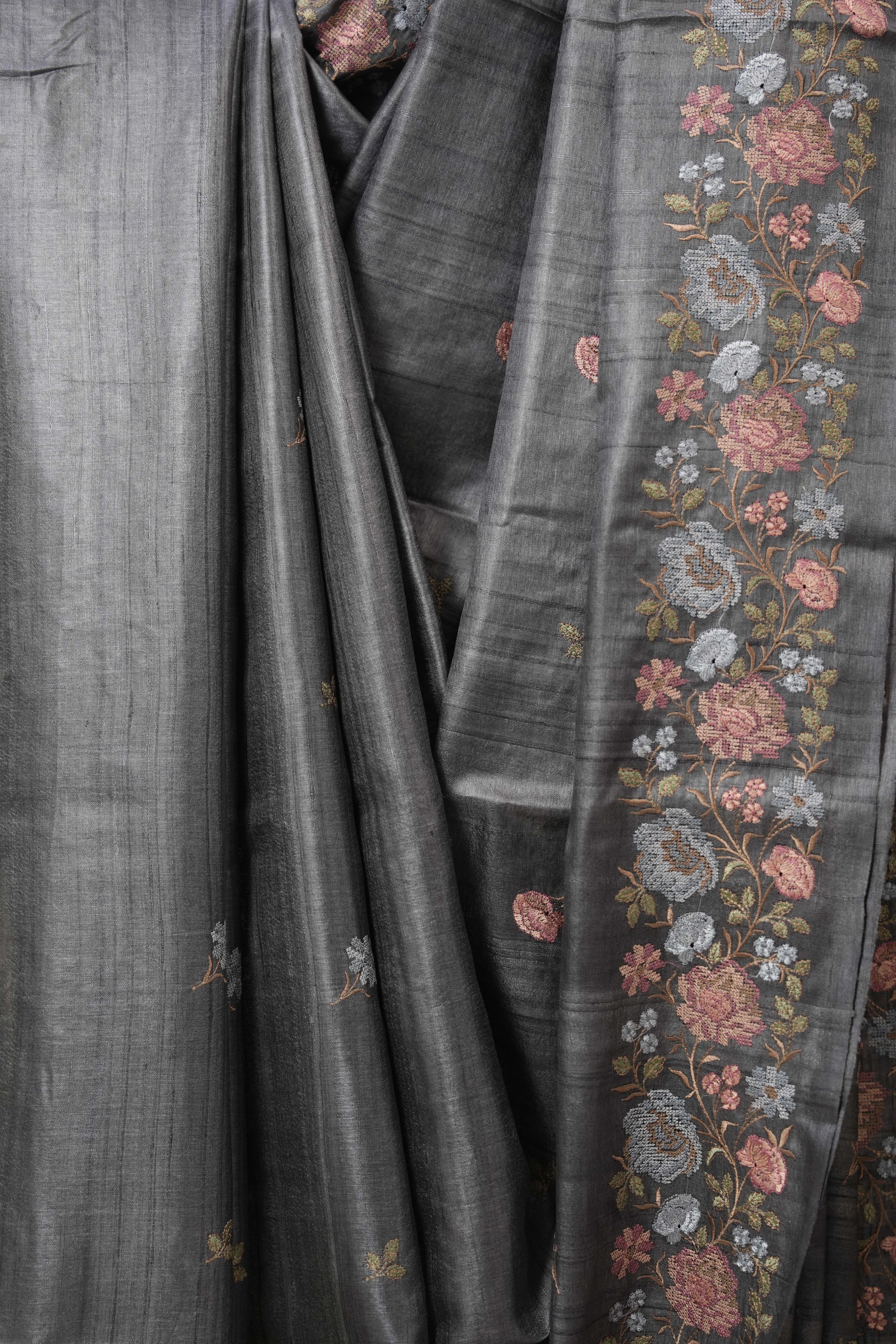 Charcoal Grey Machine Embroidered Tussar Silk Saree - SRCGMETSS101-PI
