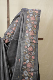 Charcoal Grey Machine Embroidered Tussar Silk Saree - SRCGMETSS101-PI
