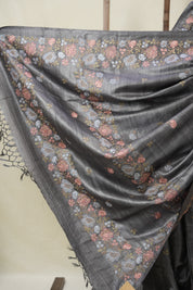 Charcoal Grey Machine Embroidered Tussar Silk Saree - SRCGMETSS101-PI