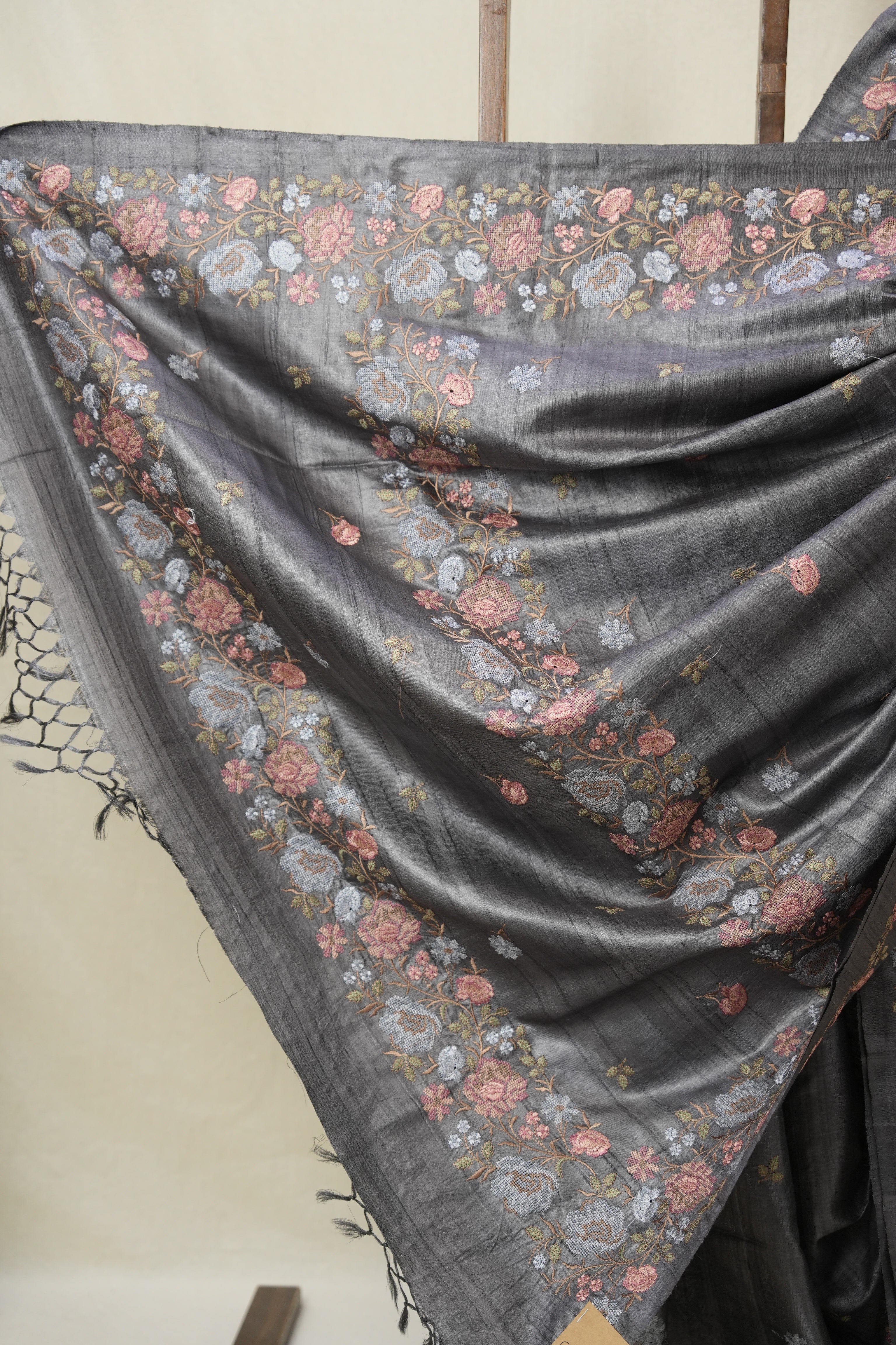 Charcoal Grey Machine Embroidered Tussar Silk Saree - SRCGMETSS101-PI