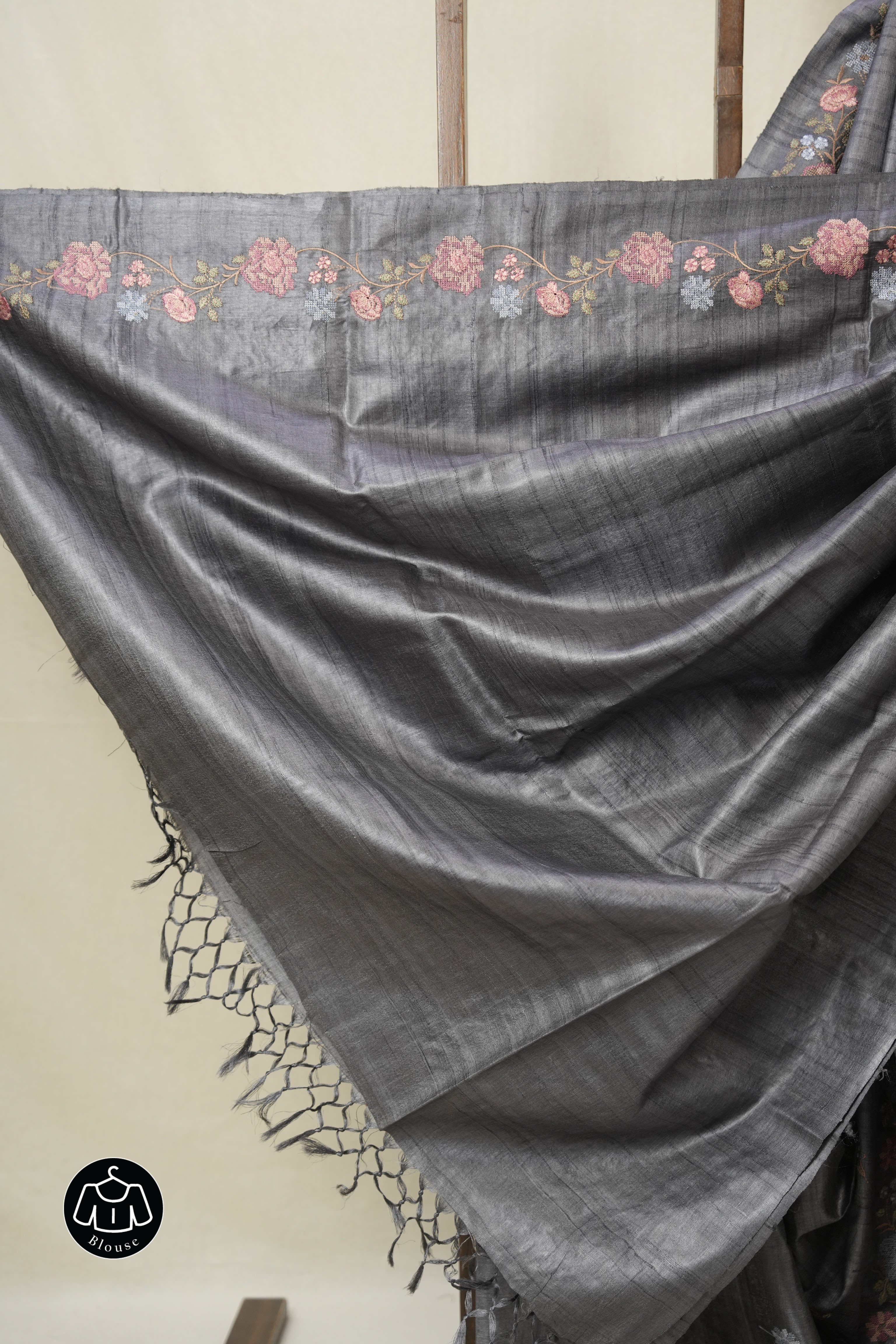 Charcoal Grey Machine Embroidered Tussar Silk Saree - SRCGMETSS101-PI