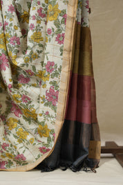 Off White Printed Tussar Silk Saree - SRCPTSS033