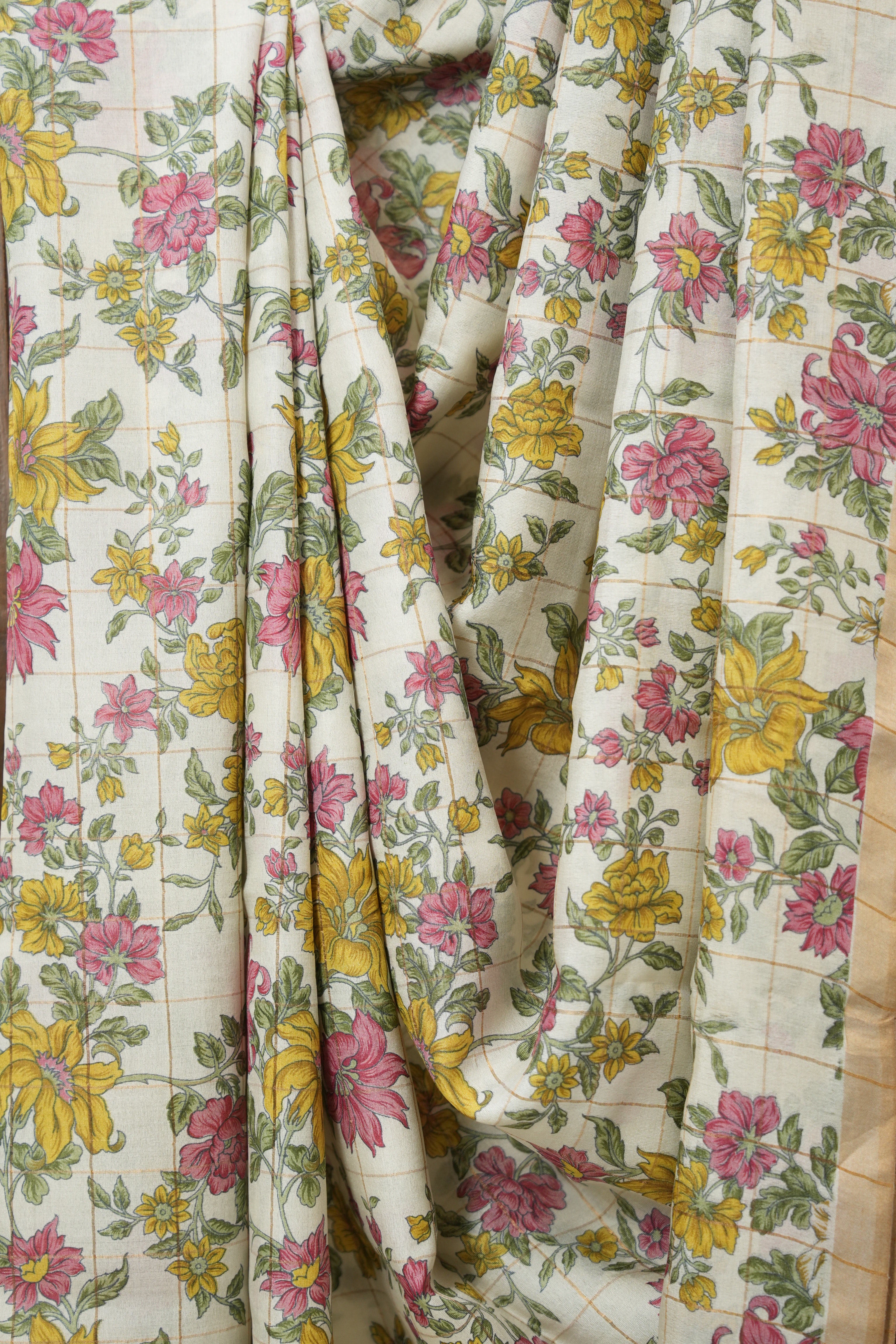 Off White Printed Tussar Silk Saree - SRCPTSS033