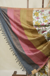 Off White Printed Tussar Silk Saree - SRCPTSS033