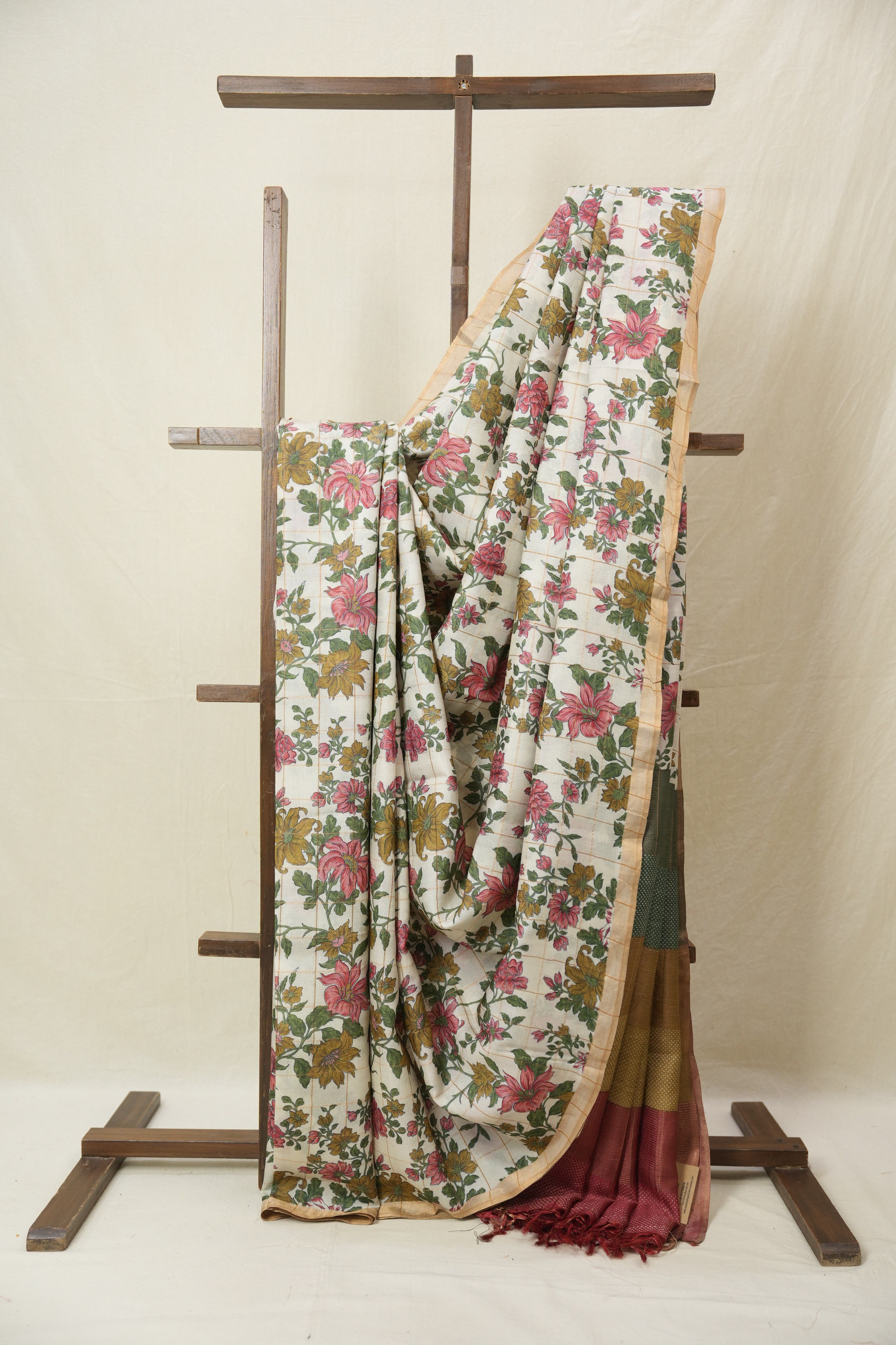 Cream Printed Tussar Silk Saree (DEFECT) - SRCPTSS104-PI