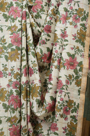 Cream Printed Tussar Silk Saree (DEFECT) - SRCPTSS104-PI