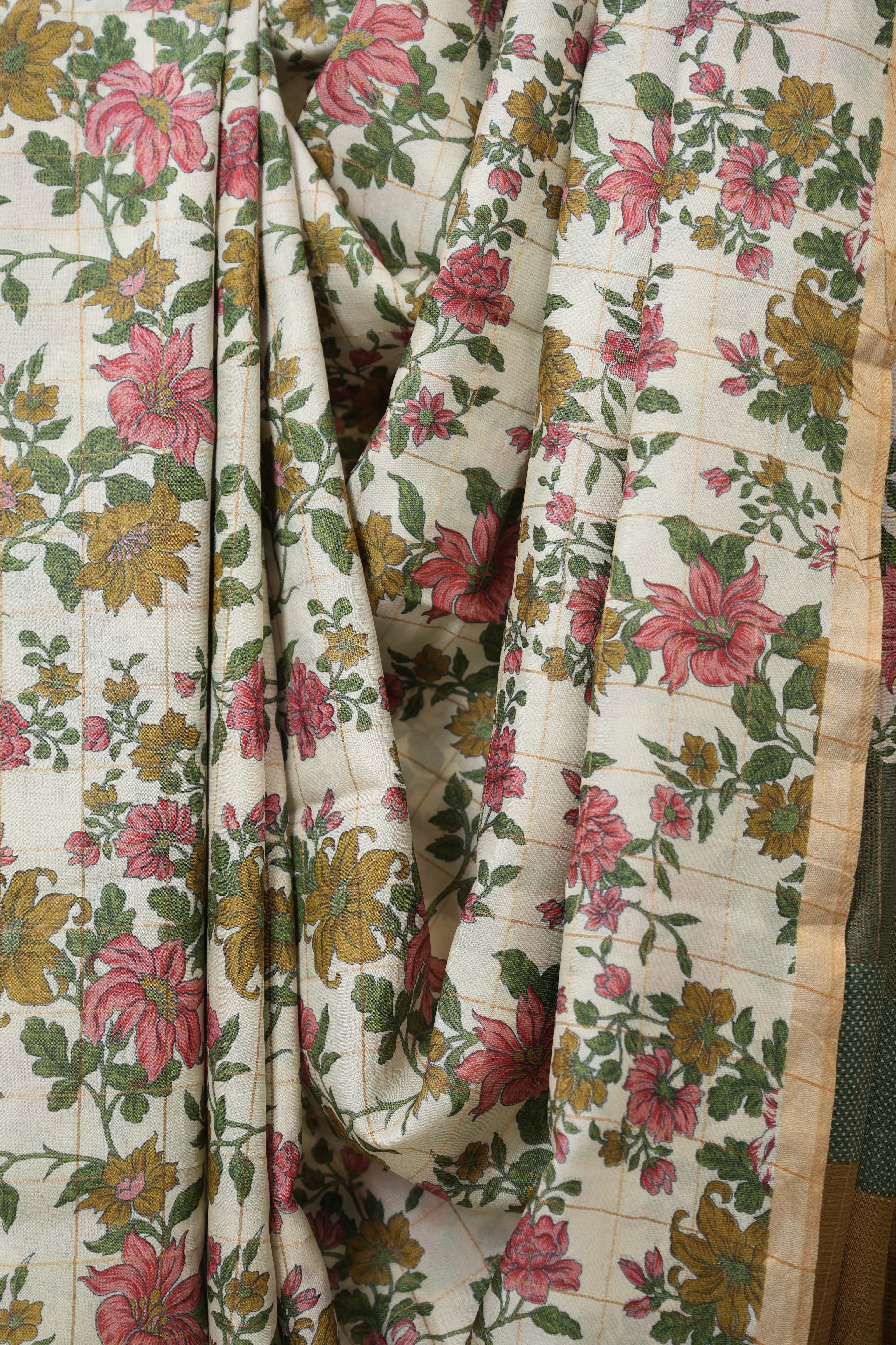 Cream Printed Tussar Silk Saree (DEFECT) - SRCPTSS104-PI