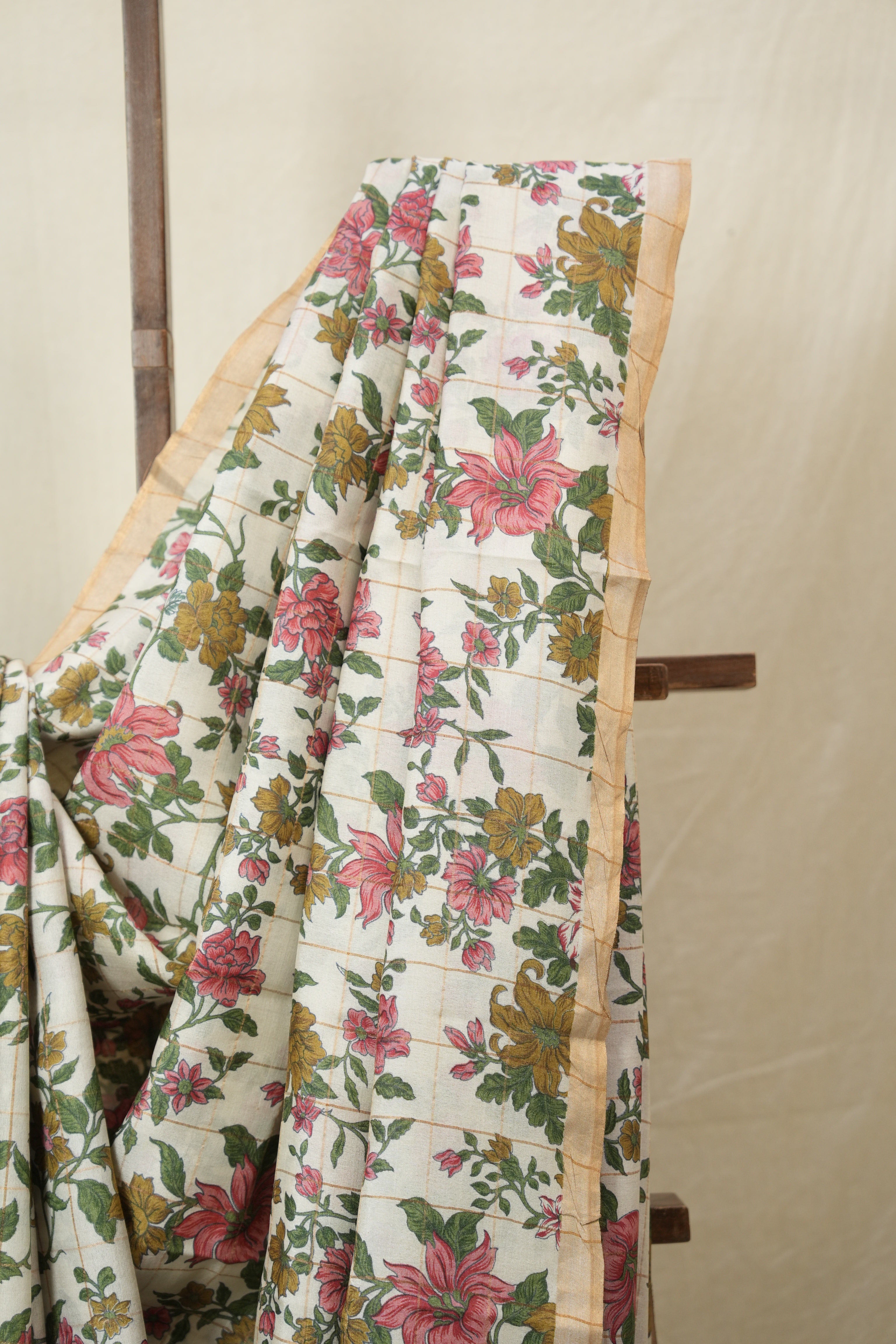 Cream Printed Tussar Silk Saree (DEFECT) - SRCPTSS104-PI