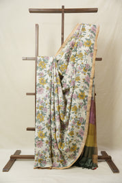 Cream Printed Tussar Silk Saree - SRCPTSS031