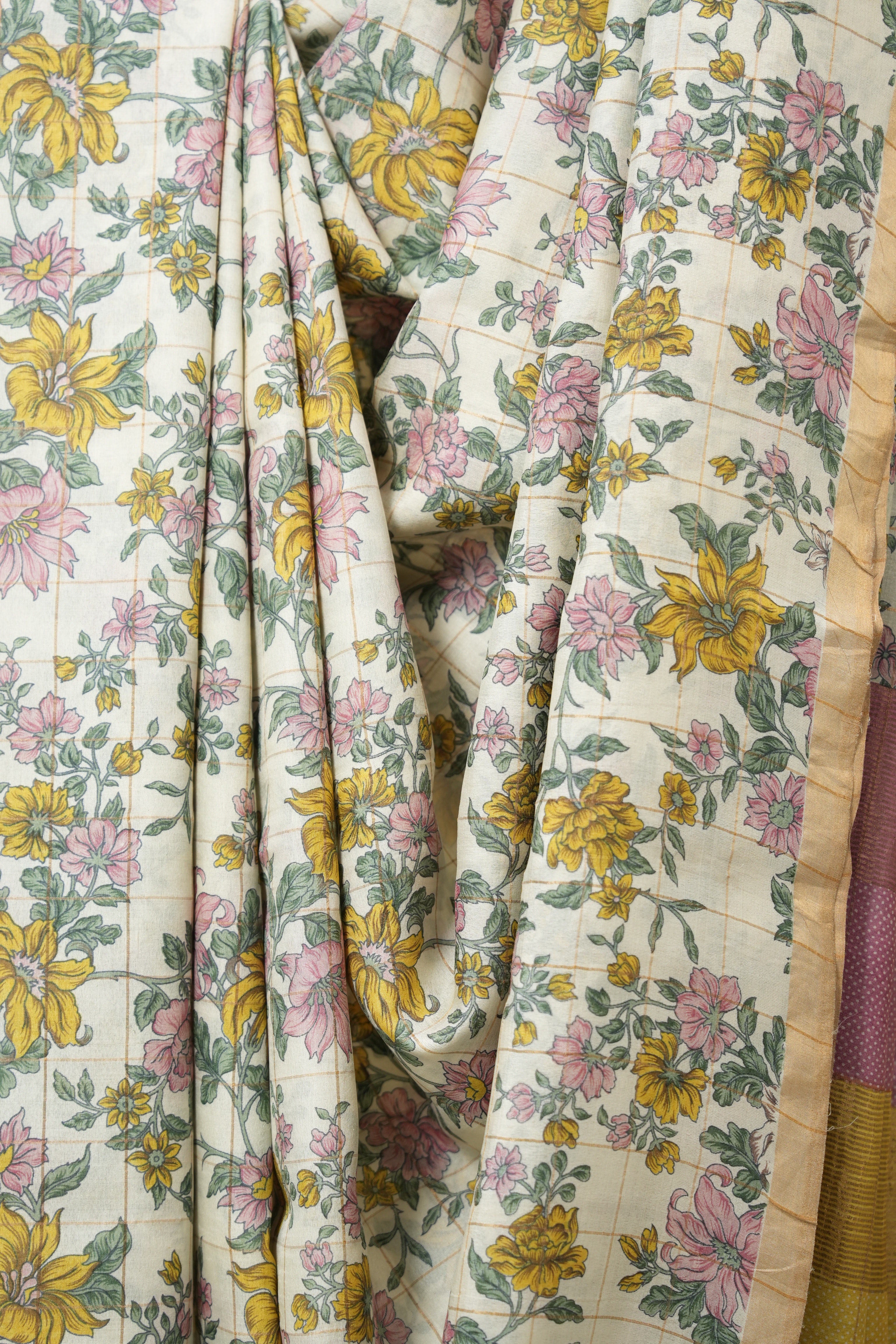 Cream Printed Tussar Silk Saree - SRCPTSS031