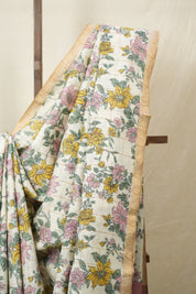Cream Printed Tussar Silk Saree - SRCPTSS031