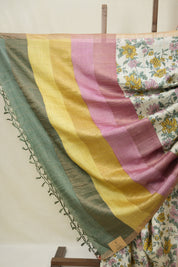 Cream Printed Tussar Silk Saree - SRCPTSS031
