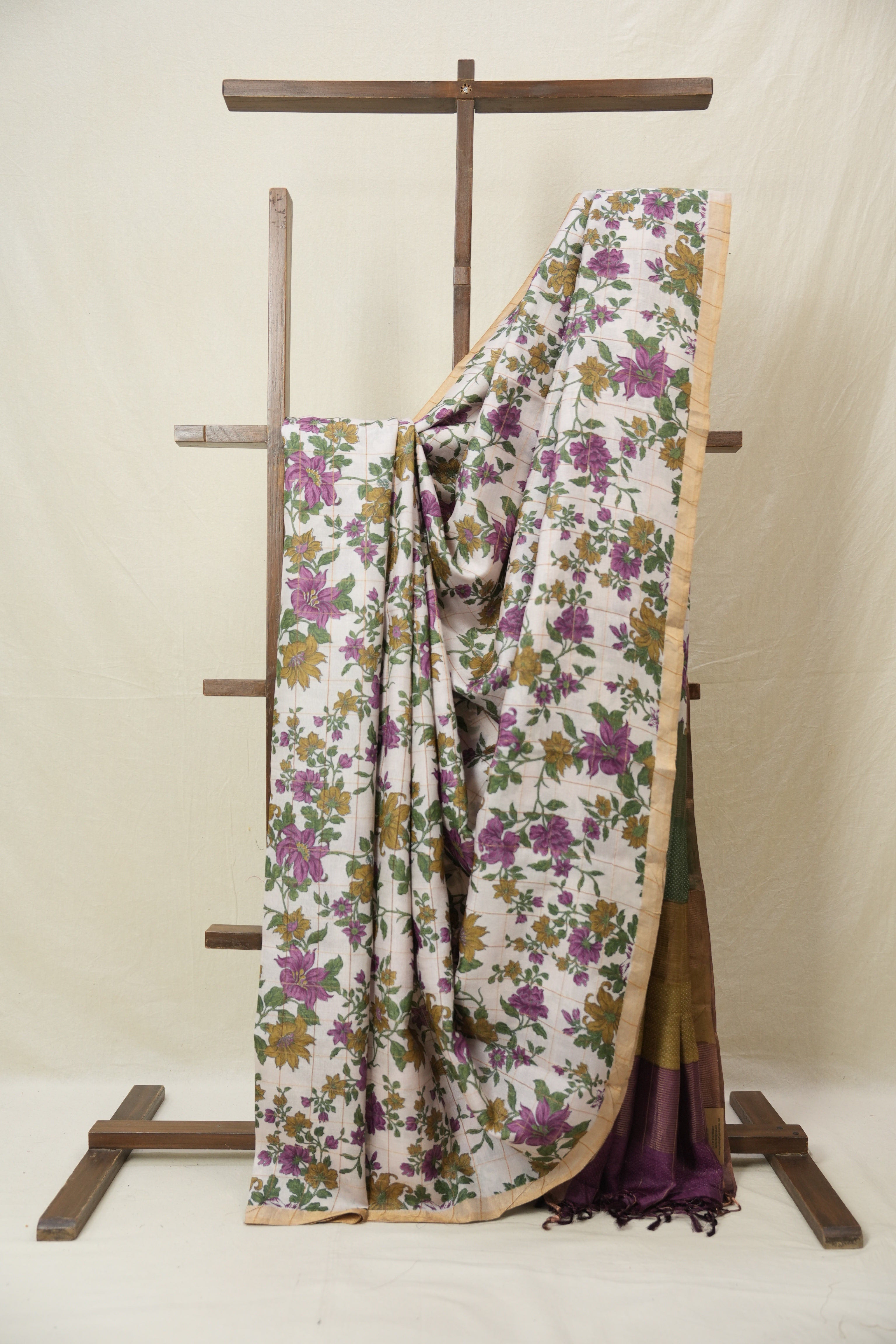 Off White Printed Tussar Silk Saree - SROPTSS032