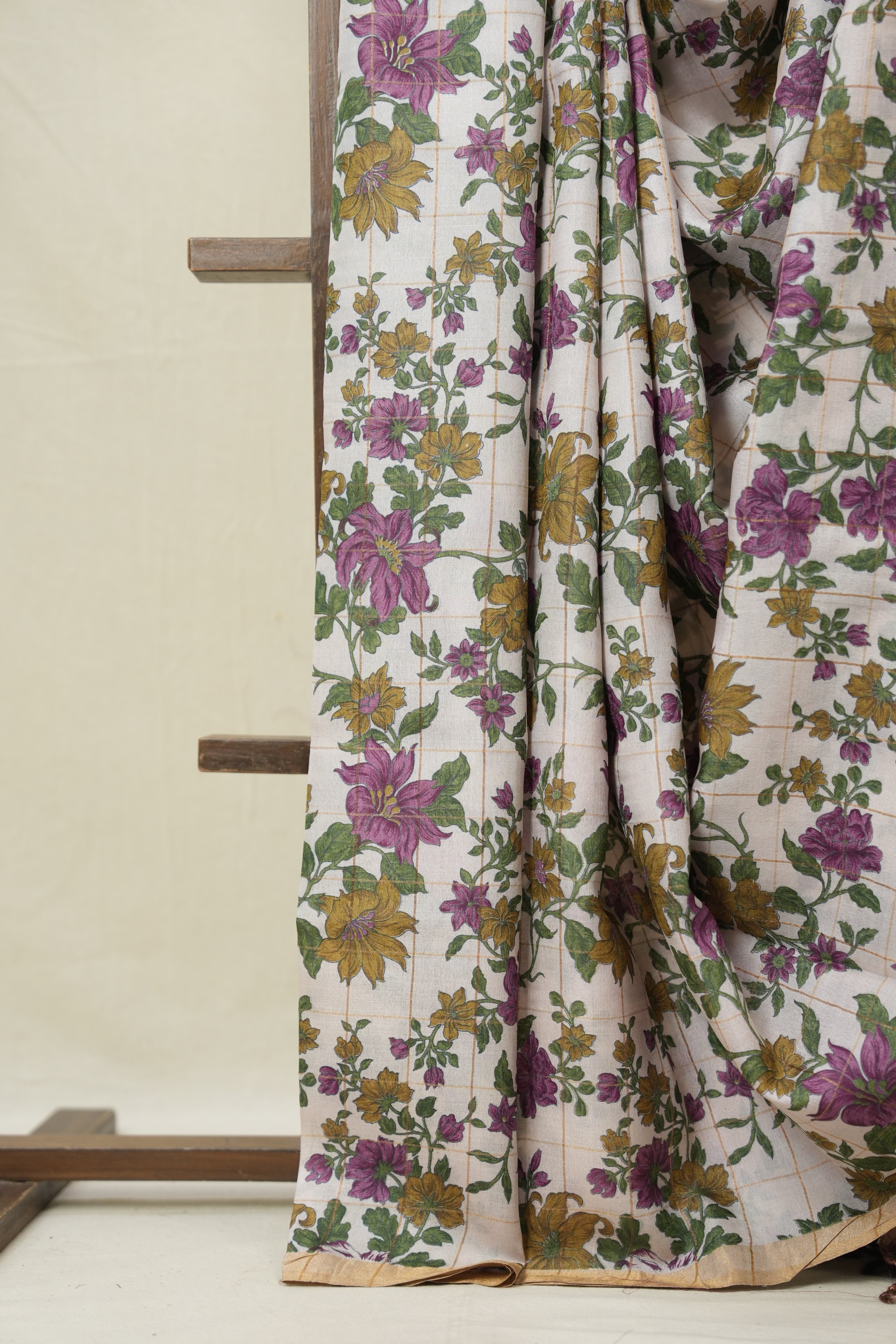 Off White Printed Tussar Silk Saree - SROPTSS032