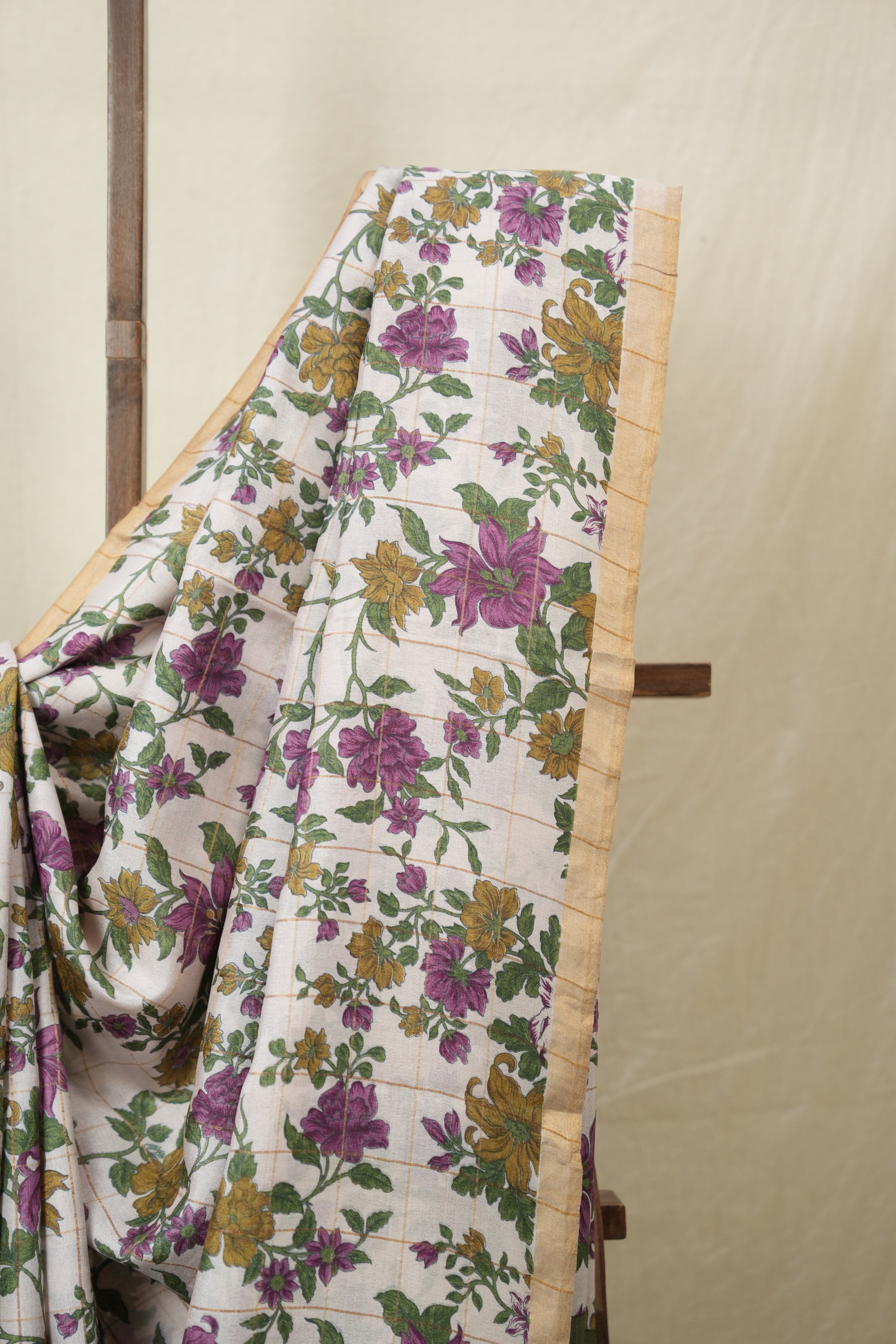 Off White Printed Tussar Silk Saree - SROPTSS032