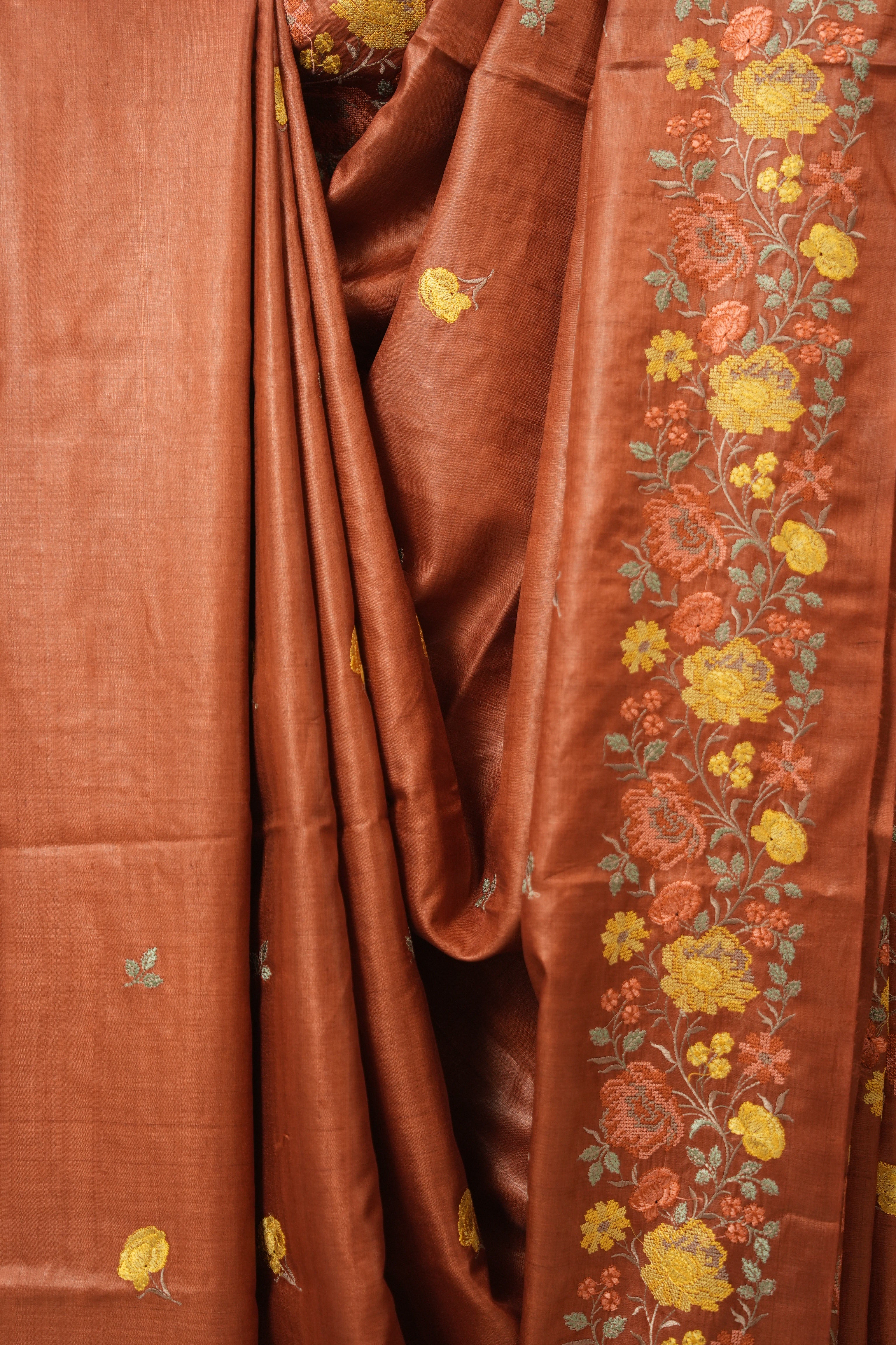Brick Orange Machine Embroidered Tussar Silk Saree - SRBOMETSS1548