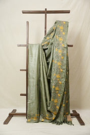 Sage Green Machine Embroidered Tussar Silk Saree - SRSGMETSS1547