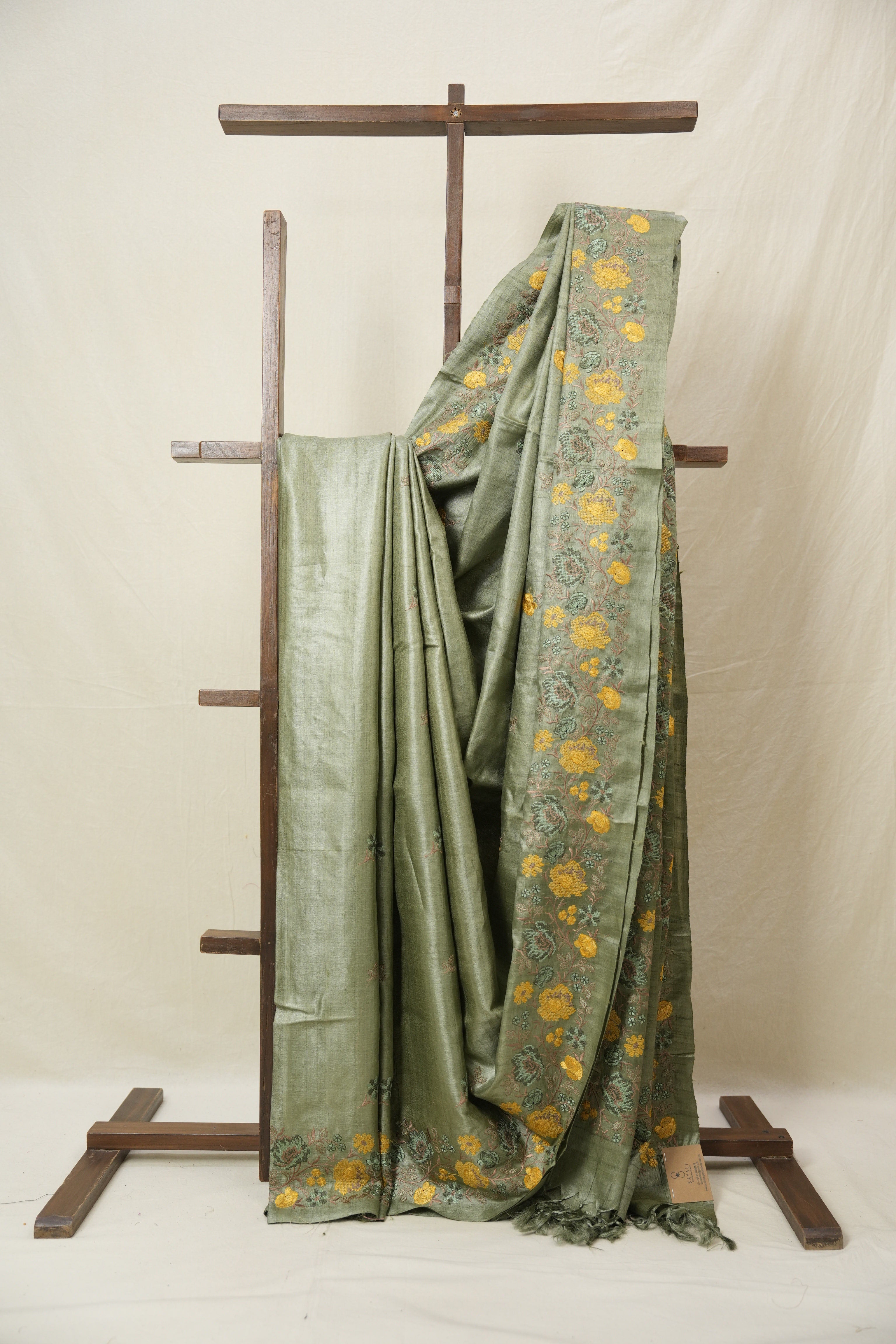 Sage Green Machine Embroidered Tussar Silk Saree - SRSGMETSS1547