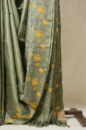 Sage Green Machine Embroidered Tussar Silk Saree - SRSGMETSS1547