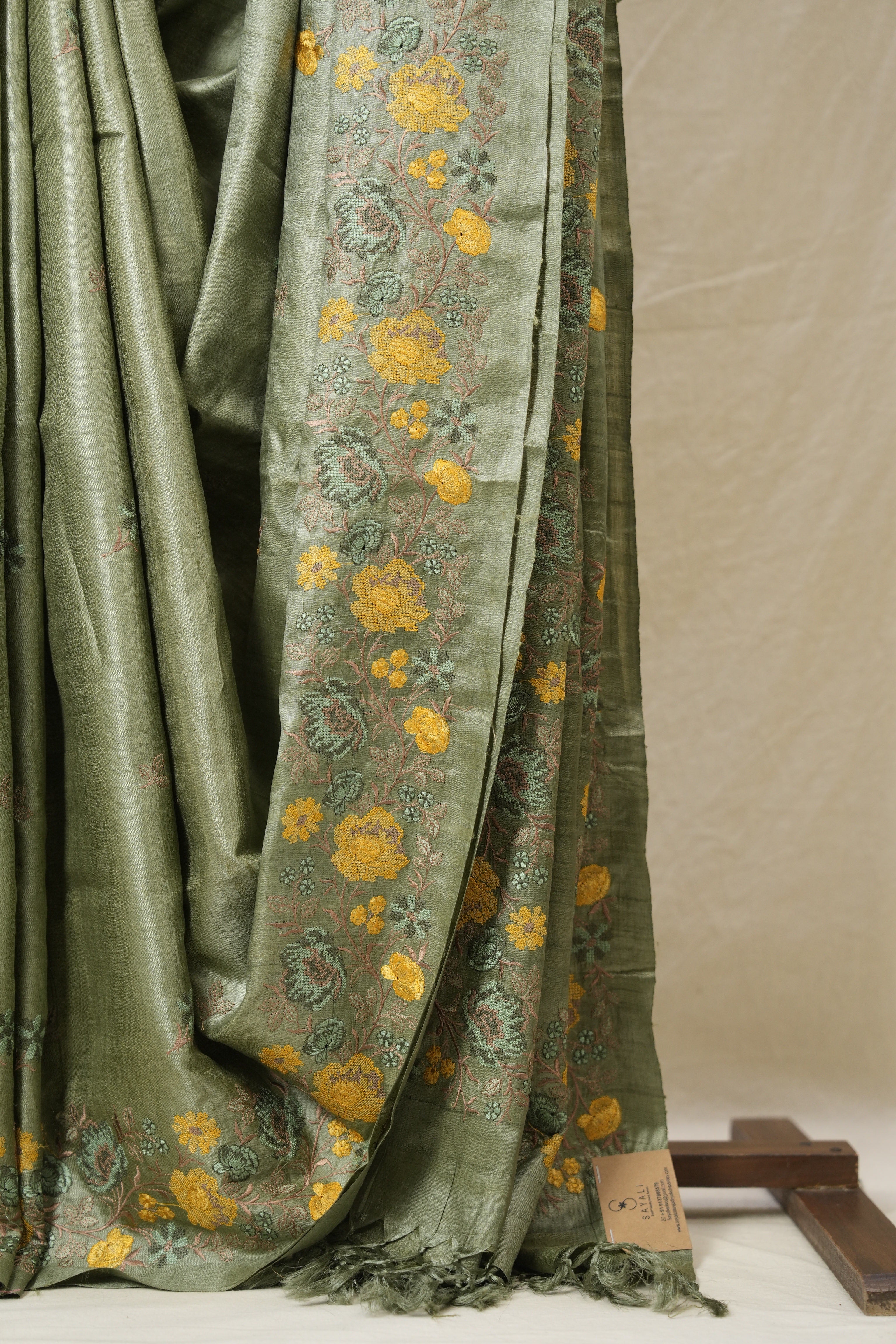 Sage Green Machine Embroidered Tussar Silk Saree - SRSGMETSS1547