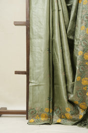 Sage Green Machine Embroidered Tussar Silk Saree - SRSGMETSS1547