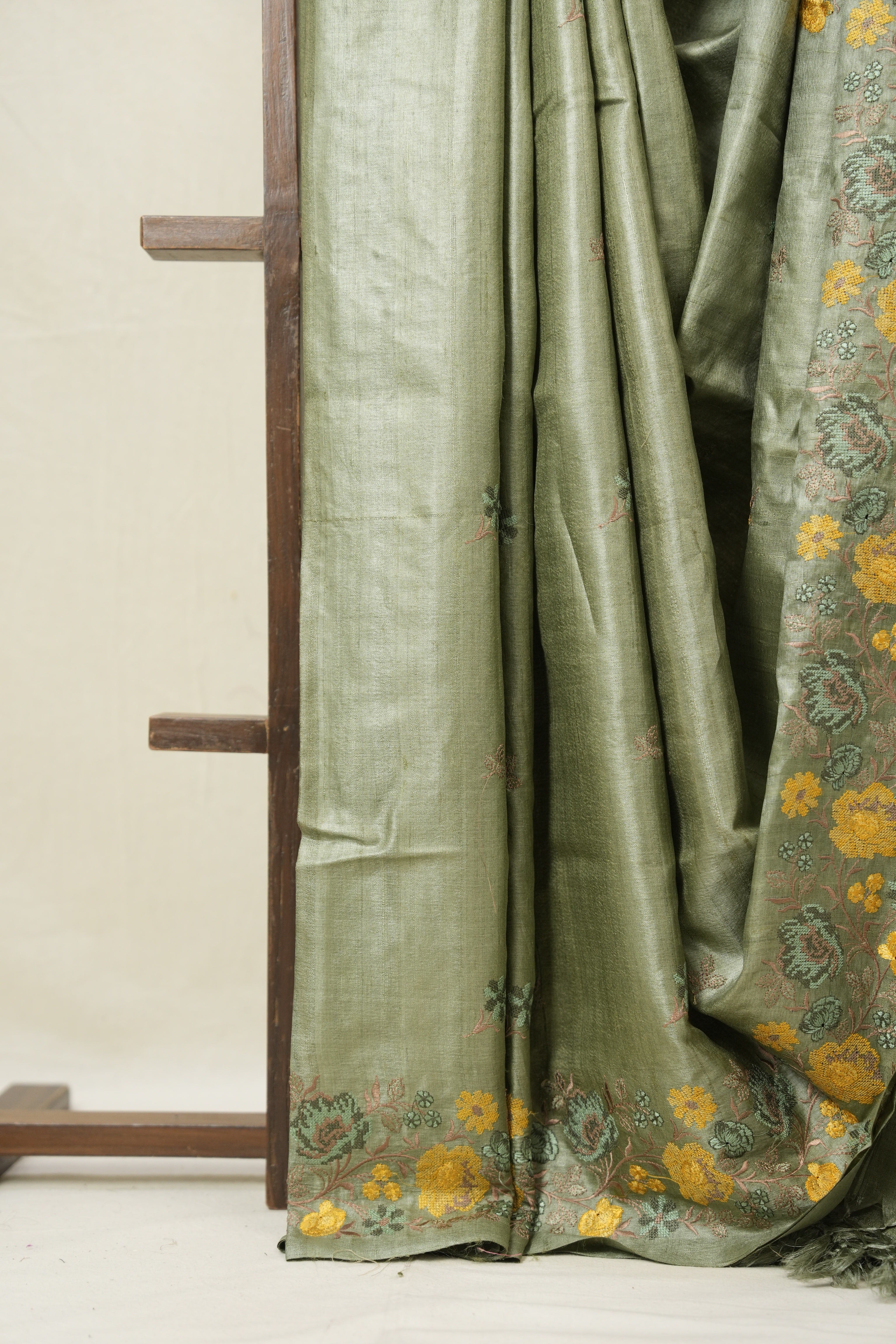 Sage Green Machine Embroidered Tussar Silk Saree - SRSGMETSS1547