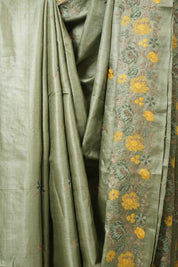 Sage Green Machine Embroidered Tussar Silk Saree - SRSGMETSS1547