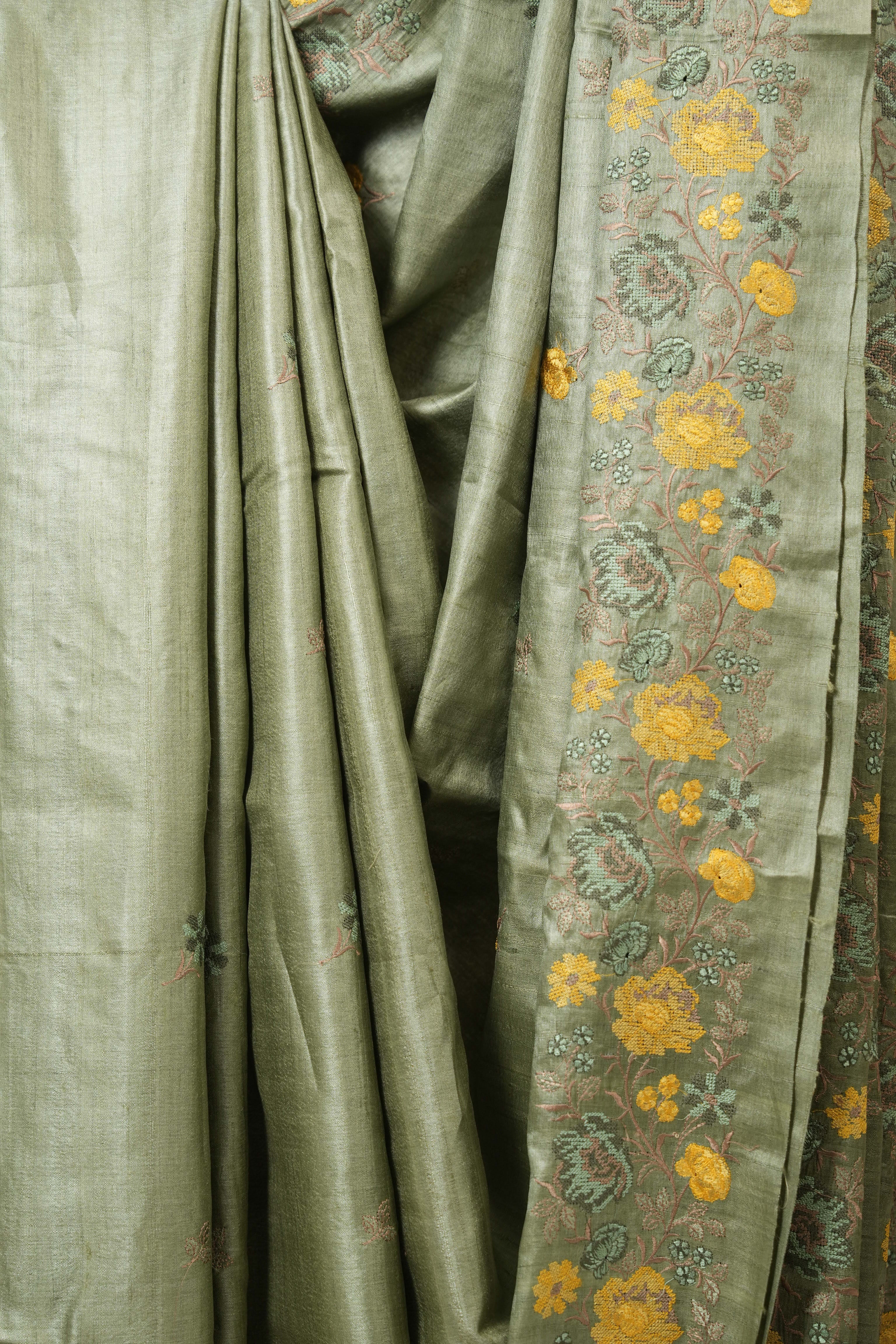 Sage Green Machine Embroidered Tussar Silk Saree - SRSGMETSS1547