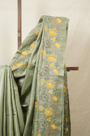 Sage Green Machine Embroidered Tussar Silk Saree - SRSGMETSS1547