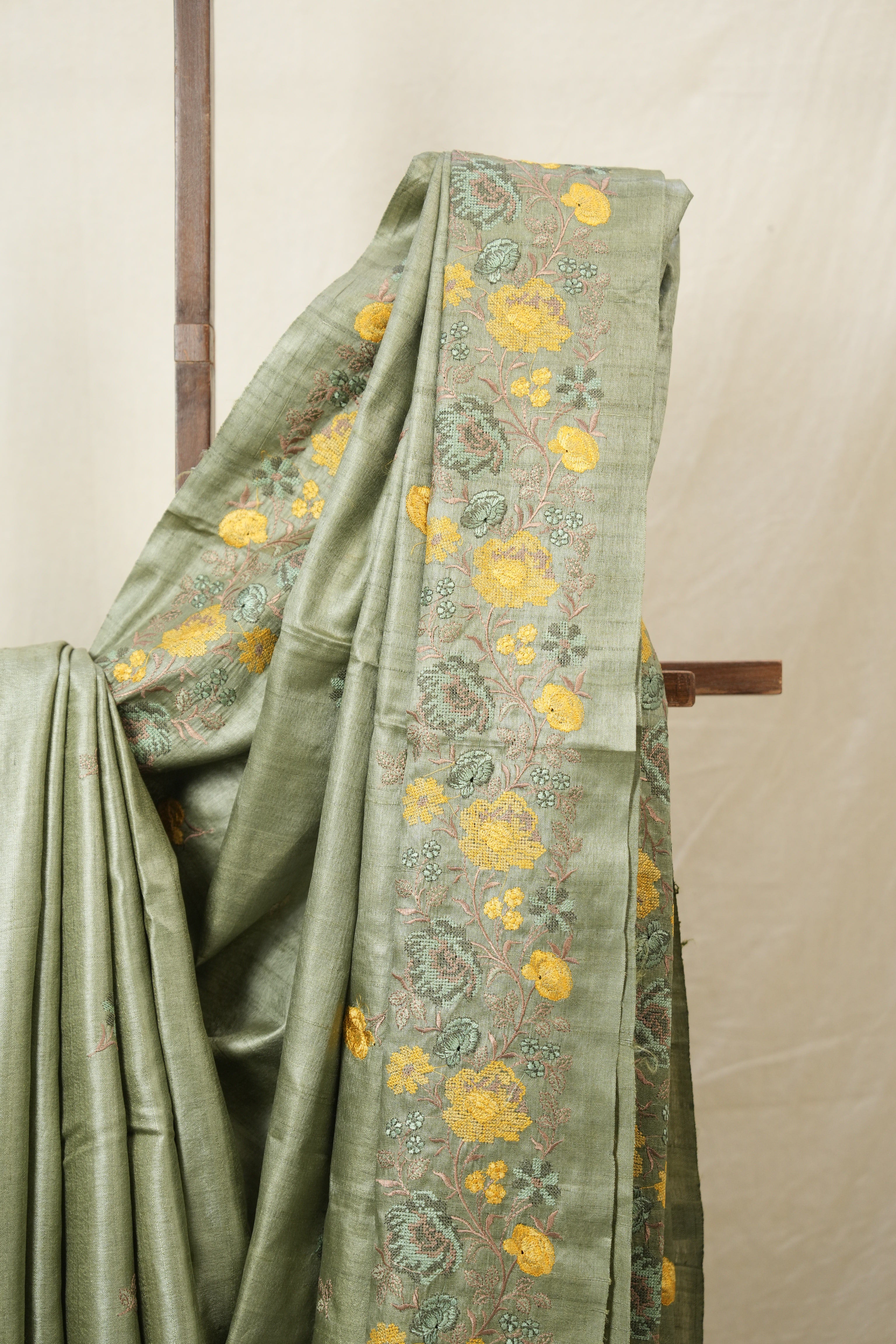 Sage Green Machine Embroidered Tussar Silk Saree - SRSGMETSS1547
