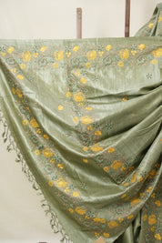Sage Green Machine Embroidered Tussar Silk Saree - SRSGMETSS1547