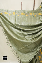Sage Green Machine Embroidered Tussar Silk Saree - SRSGMETSS1547