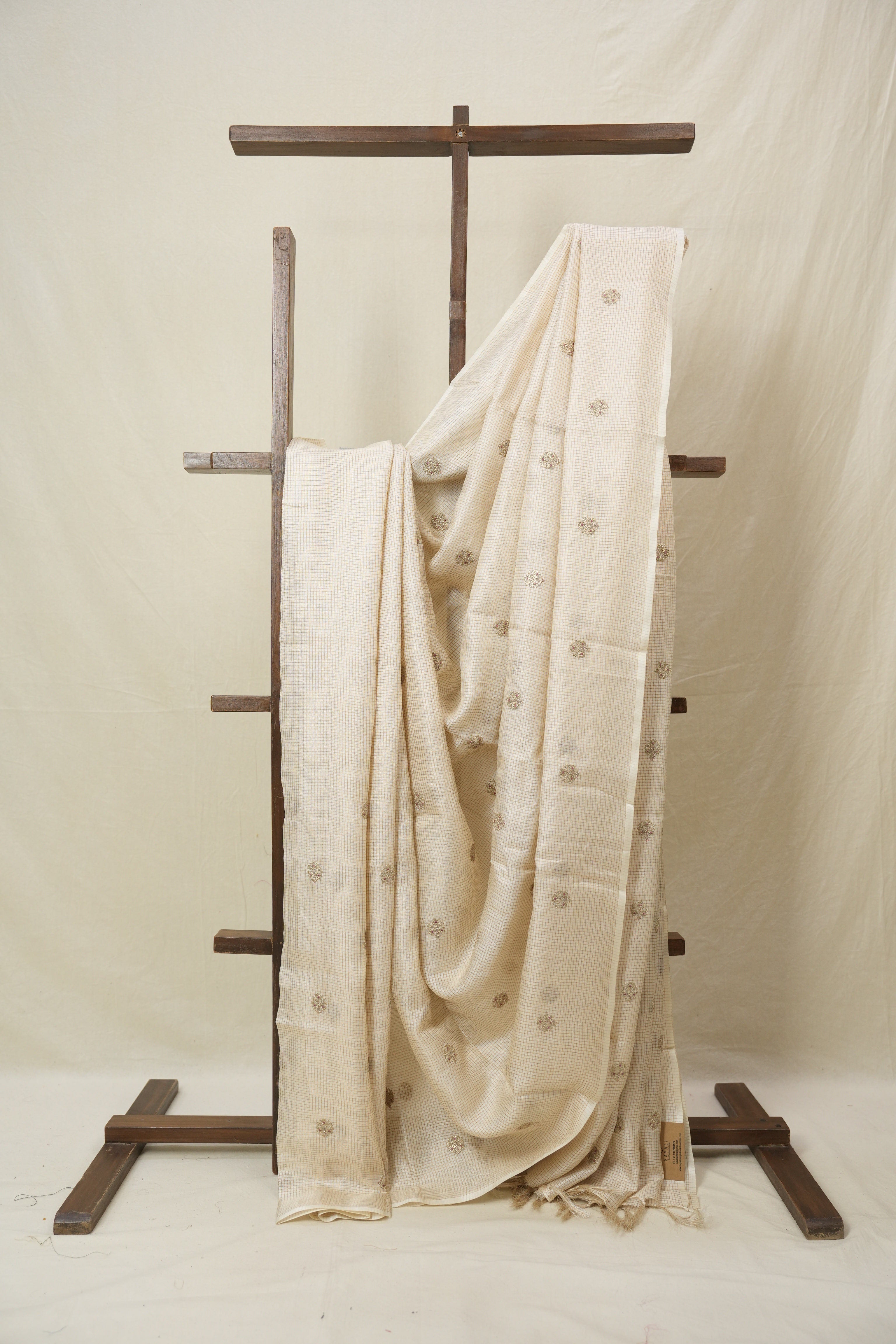 Cream Machine Embroidered Tussar Silk Saree - SRCMETSS1528