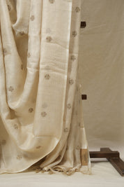 Cream Machine Embroidered Tussar Silk Saree - SRCMETSS1528
