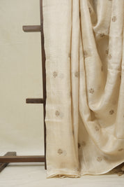 Cream Machine Embroidered Tussar Silk Saree - SRCMETSS1528