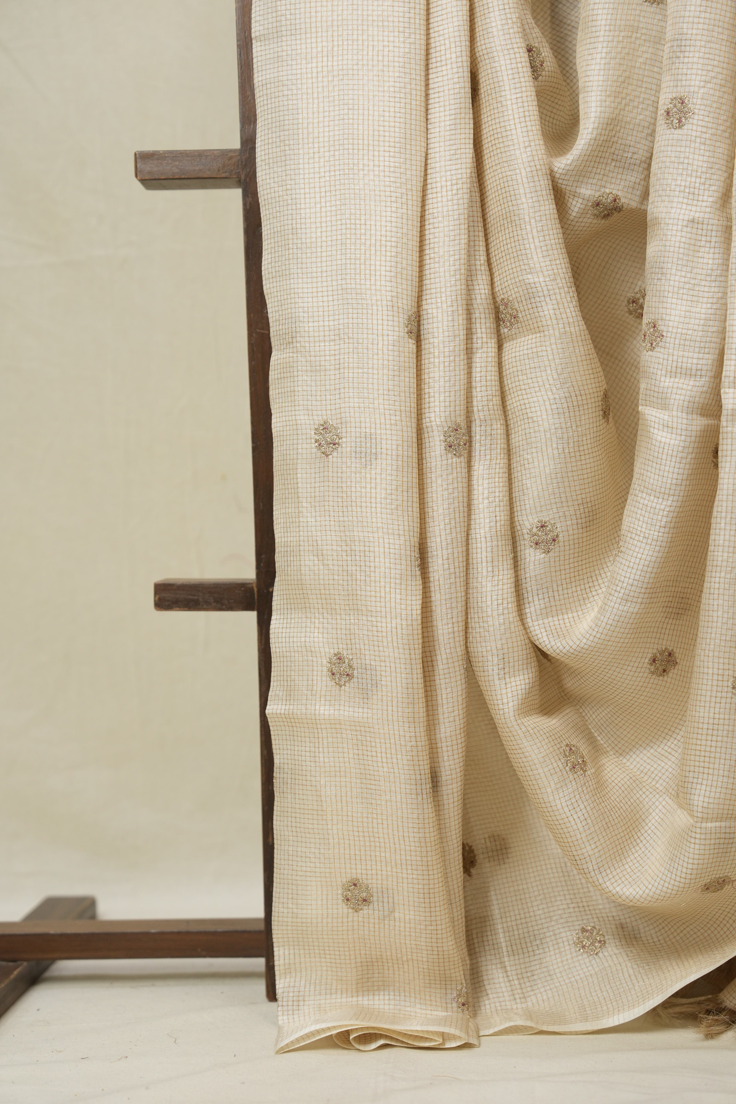 Cream Machine Embroidered Tussar Silk Saree - SRCMETSS1528