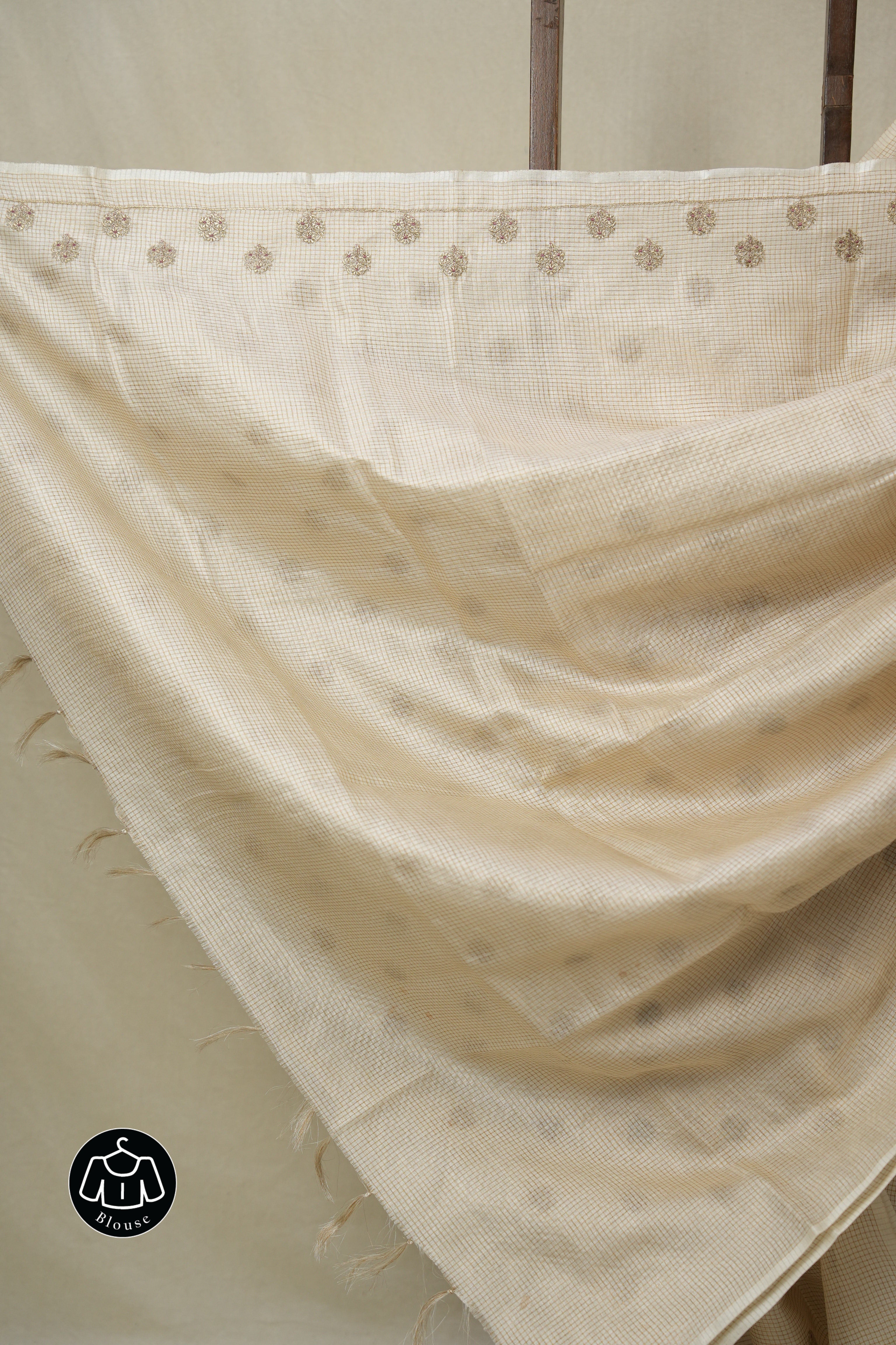 Cream Machine Embroidered Tussar Silk Saree - SRCMETSS1528