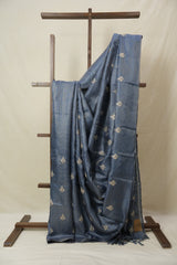 Teal Blue Machine Embroidered Tussar Silk Saree - SRTBMETSS1526