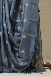 Teal Blue Machine Embroidered Tussar Silk Saree - SRTBMETSS1526