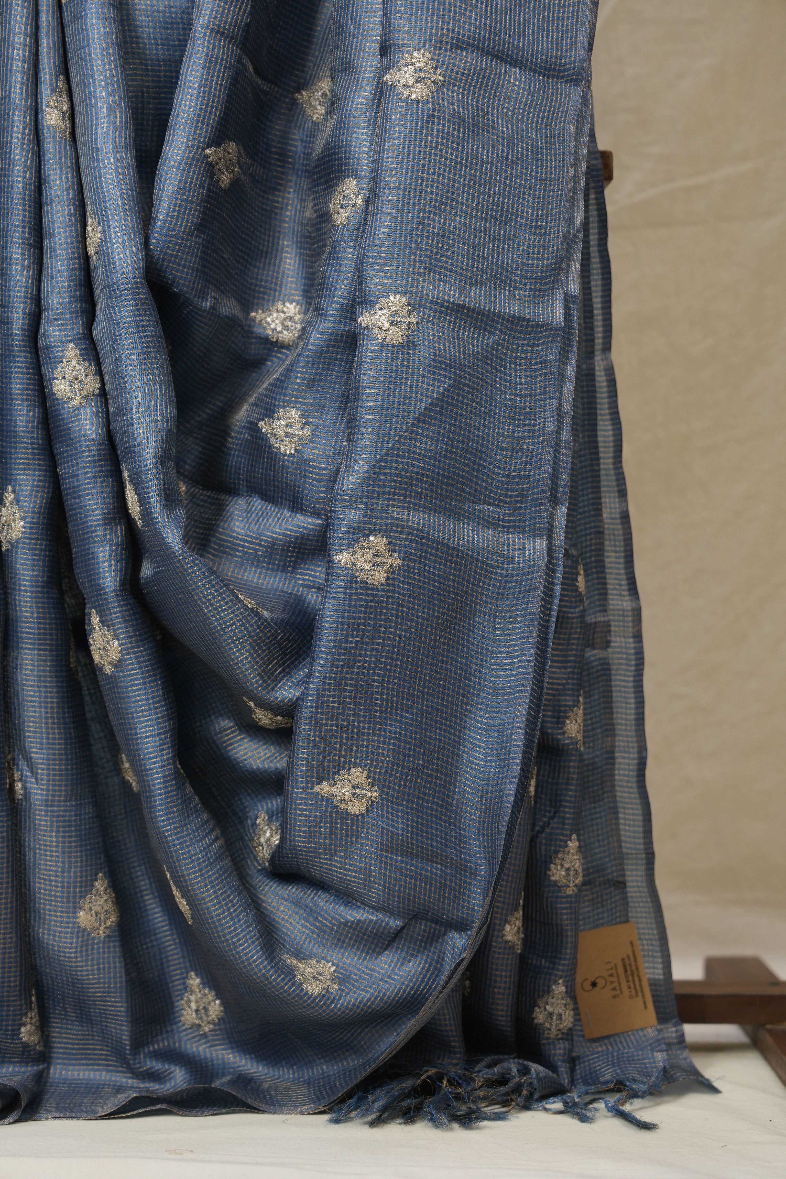 Teal Blue Machine Embroidered Tussar Silk Saree - SRTBMETSS1526