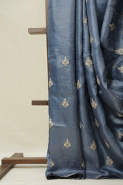 Teal Blue Machine Embroidered Tussar Silk Saree - SRTBMETSS1526