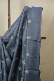 Teal Blue Machine Embroidered Tussar Silk Saree - SRTBMETSS1526